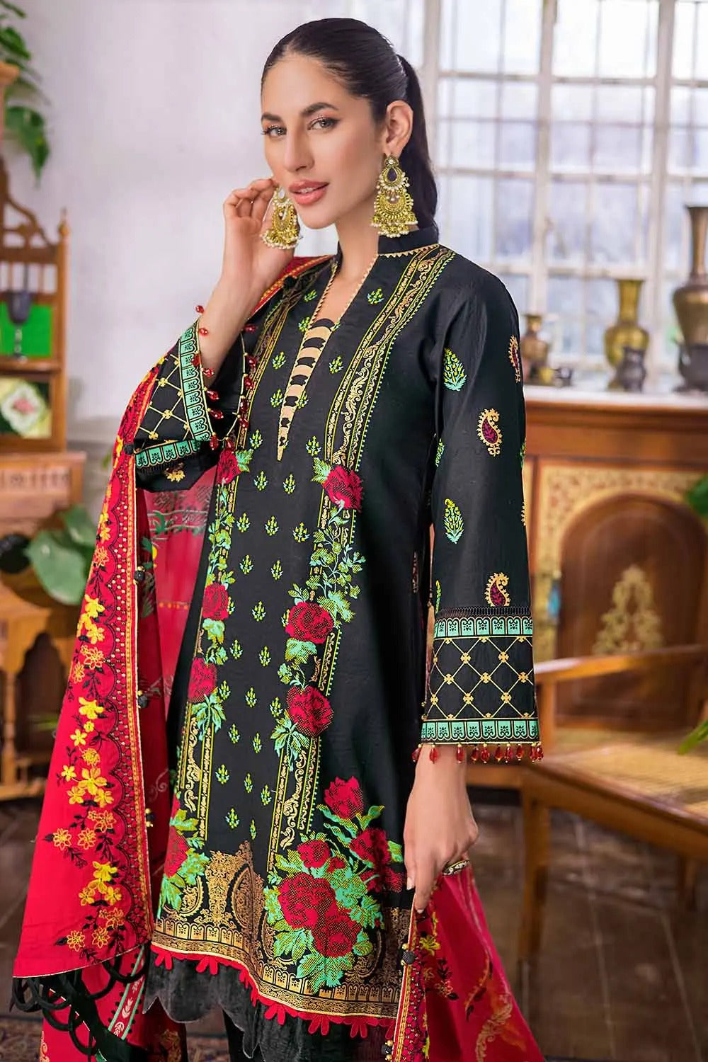 Gul Ahmed 3PC Unstitched Embroidered Gold and Lacquer Printed Suit CL-22094 A