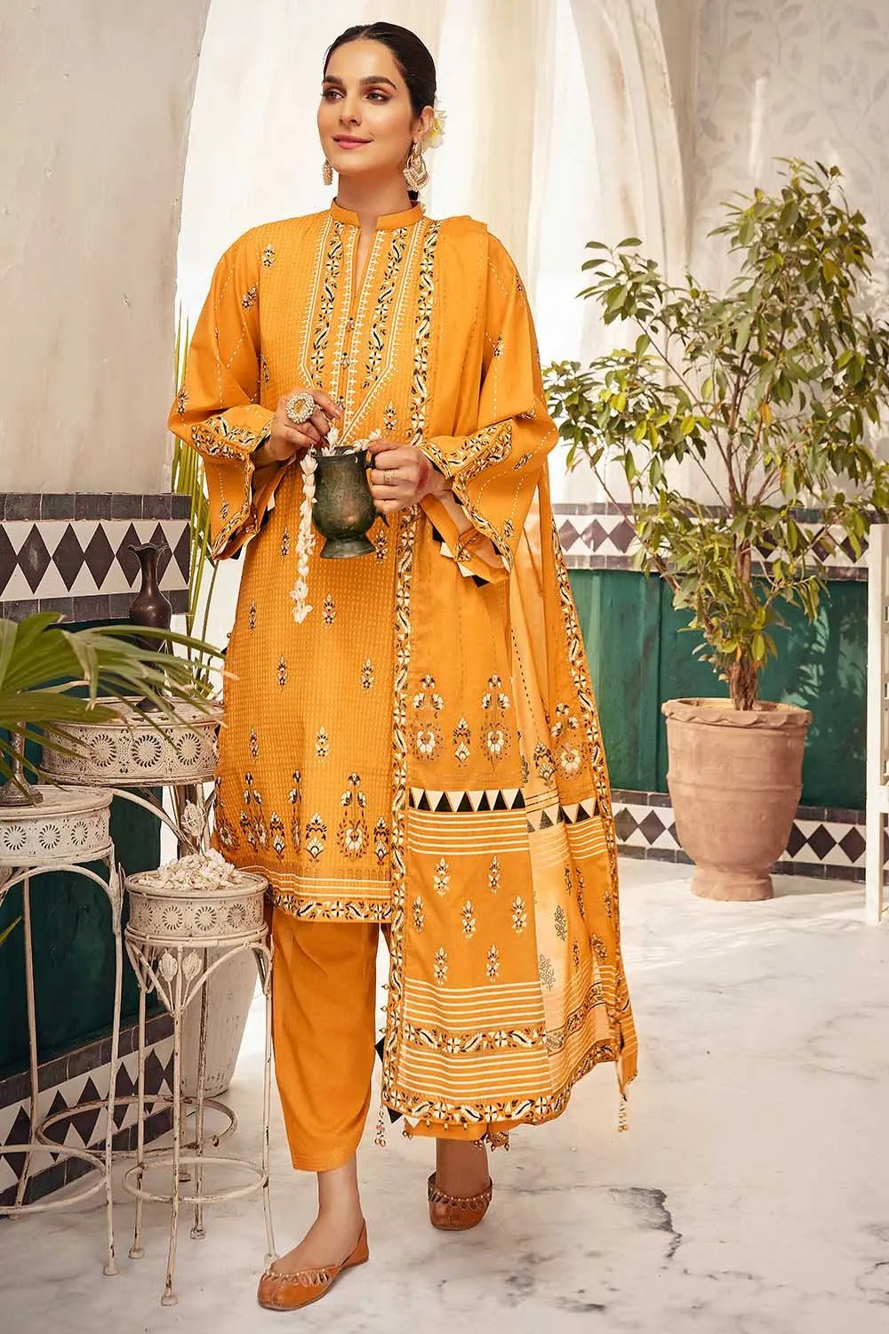 Gul Ahmed 3PC Unstitched Gold and Lacquer Printed Lawn Suit CL-22128