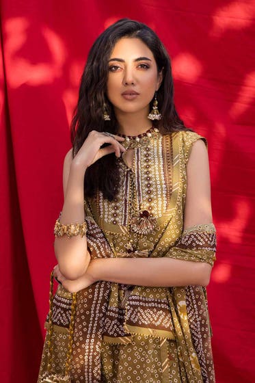Gul Ahmed 3PC Chunri Lawn Unstitched Gold Printed Suit CL-32283 B