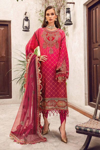 Maria. B 3 Piece Unstitched Embroidered Cotton Satin Suit - CST-507-Hot Pink