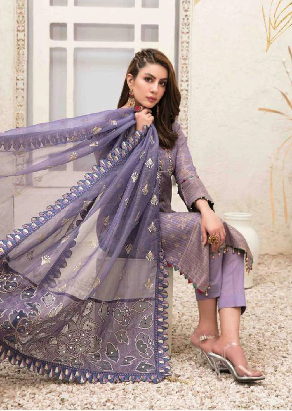 Tawakkal Fabrics 3 Piece Stitched Rangoli Shirt with Fancy Mirror Handwork Embroidery Suit D-6050