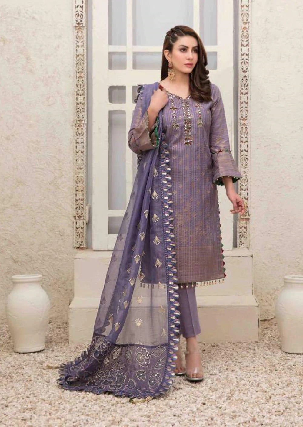 Tawakkal Fabrics 3 Piece Stitched Rangoli Shirt with Fancy Mirror Handwork Embroidery Suit D-6050