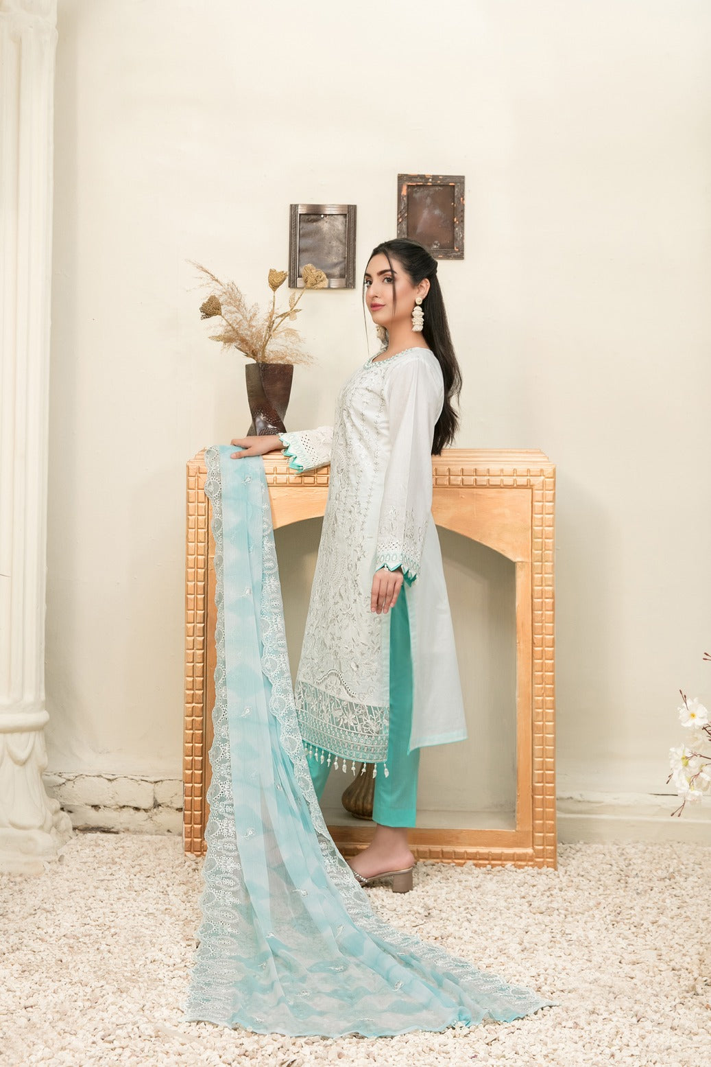 Tawakkal Fabrics 3 Piece Stitched Embroidered White Cotton Suit D-6820