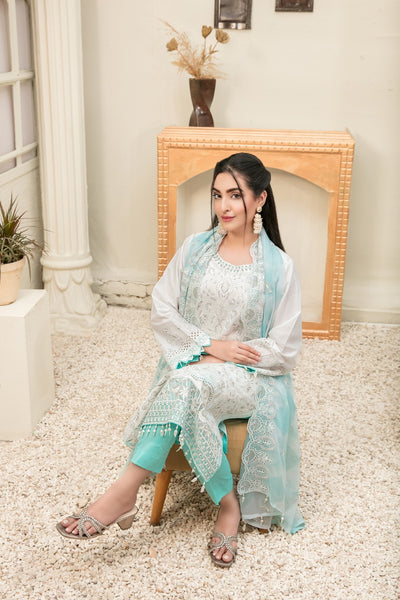 Tawakkal Fabrics 3 Piece Stitched Embroidered White Cotton Suit D-6820
