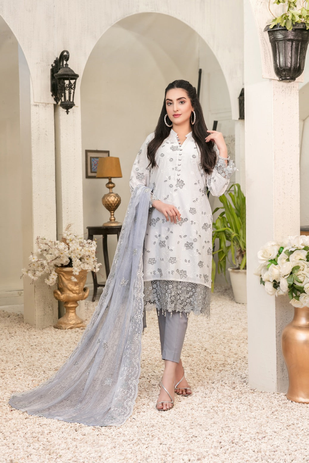Tawakkal Fabrics 3 Piece Stitched Embroidered White Cotton Suit D-6825