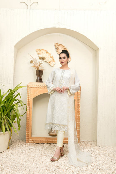 Tawakkal Fabrics 3 Piece Stitched Embroidered White Cotton Suit D-6826
