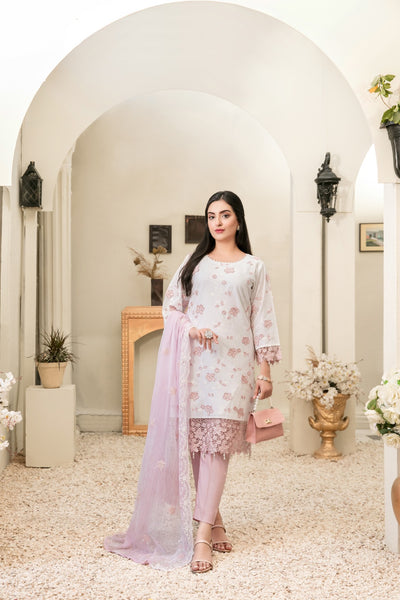 Tawakkal Fabrics 3 Piece Stitched Embroidered White Cotton Suit D-6828