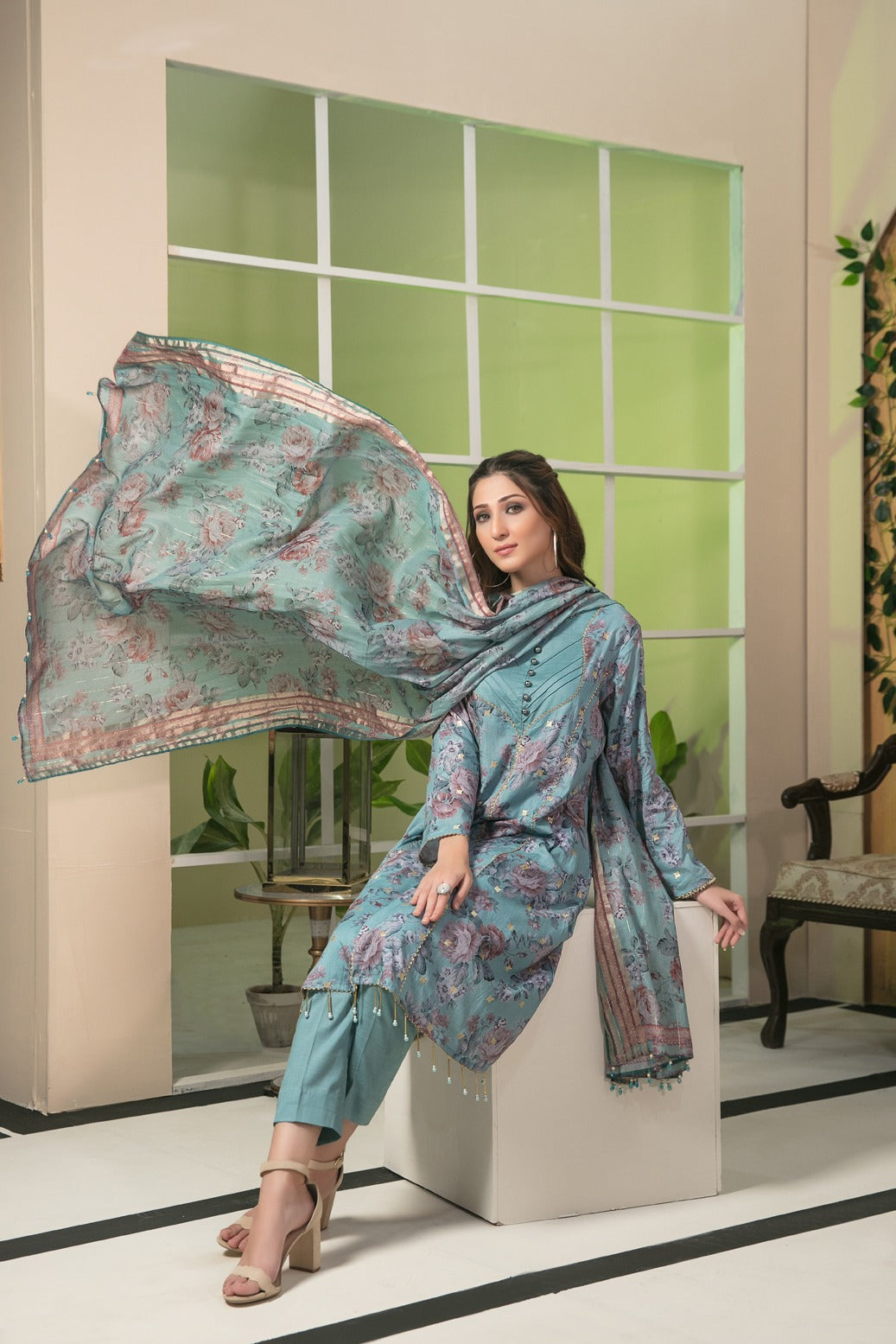 Tawakkal Fabrics 3 Piece Stitched All Over Embroidered Bareeza Digital Printed Lawn Suit D-7070