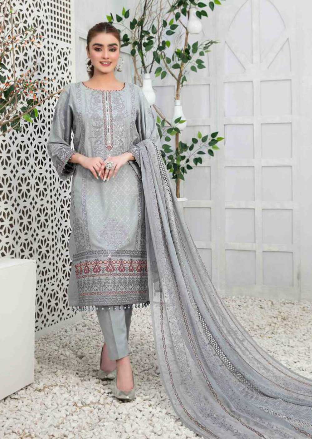 Tawakkal Fabrics 3 Piece Stitched Fancy Heavy Embroidered Leather Peach Jacquard Suit D-7580
