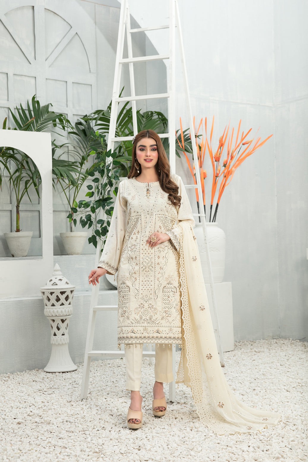 Tawakkal Fabrics 3 Piece Stitched Fancy Heavy Embroidered Leather Peach Jacquard Suit D-7587