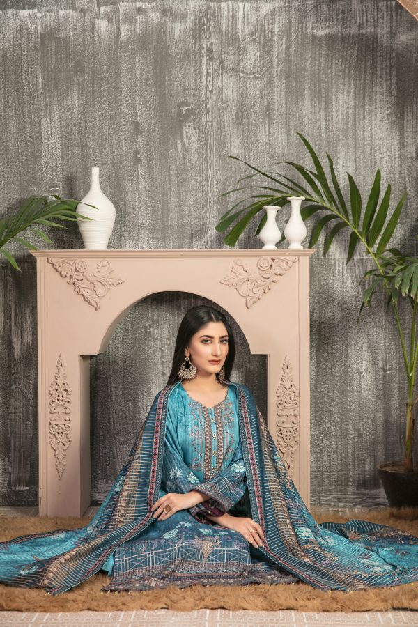 Tawakkal Fabrics 3 Piece Stitched Embroidered Digital Printed Staple Linen with Mirror Work Suit D-7690