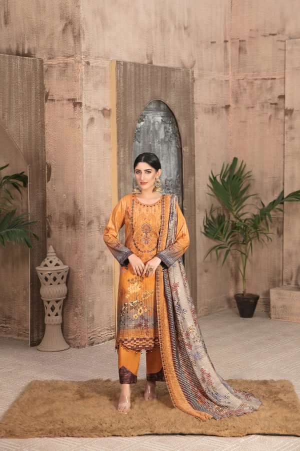 Tawakkal Fabrics 3 Piece Stitched Embroidered Digital Printed Staple Linen with Mirror Work Suit D-7692