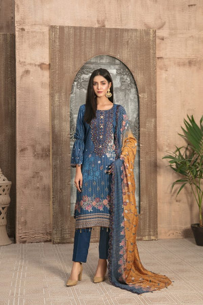 Tawakkal Fabrics 3 Piece Stitched Embroidered Digital Printed Staple Linen with Mirror Work Suit D-7694