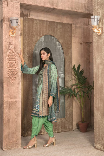 Tawakkal Fabrics 3 Piece Stitched Embroidered Digital Printed Staple Linen with Mirror Work Suit D-7695