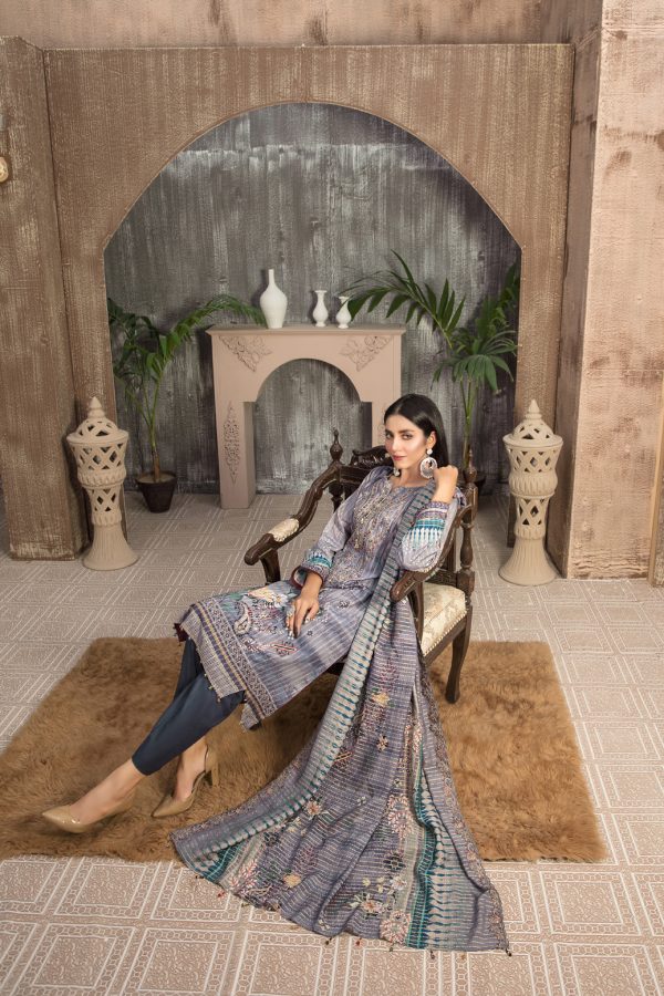Tawakkal Fabrics 3 Piece Stitched Embroidered Digital Printed Staple Linen with Mirror Work Suit D-7698