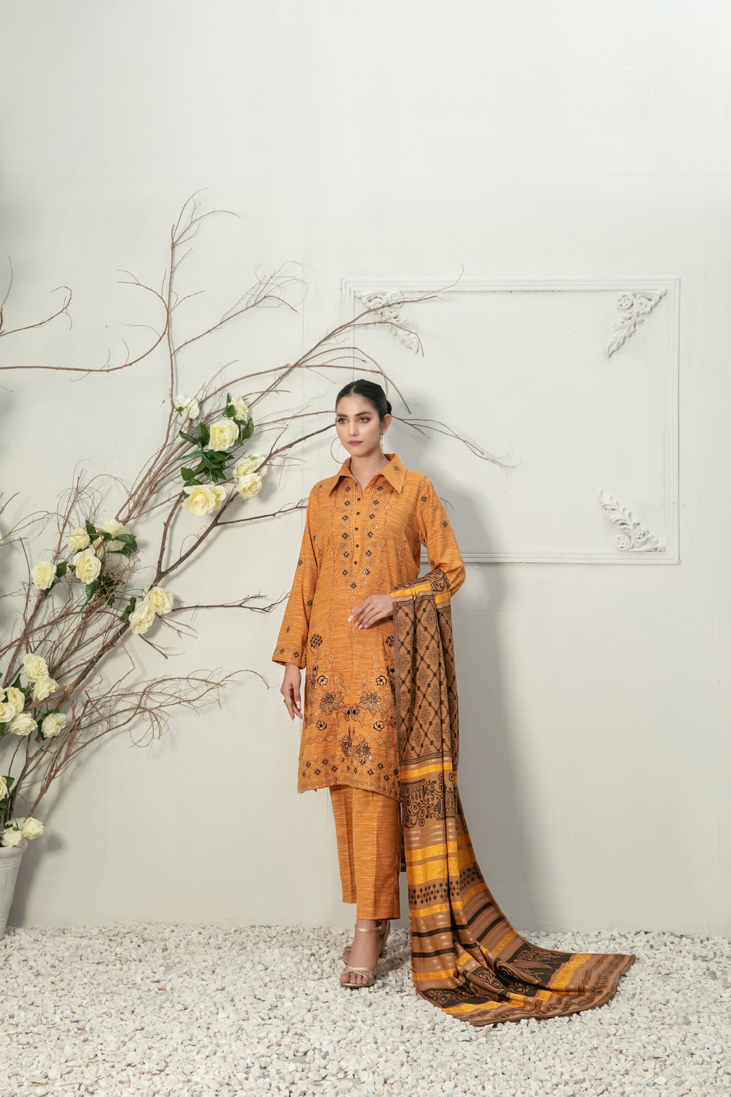 Tawakkal Fabrics 3 Piece Stitched Fancy Embroidered 2-tone Leather Peach Suit D-7839