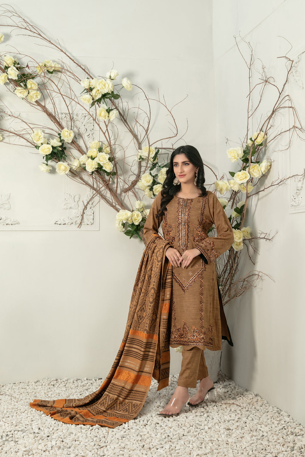 Tawakkal Fabrics 3 Piece Stitched Fancy Embroidered 2-tone Leather Suit D-7841