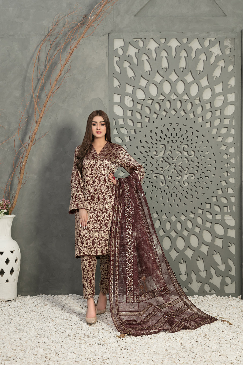 Tawakkal Fabrics 3 Piece Stitched Viscose Banarsi Suit D-7859