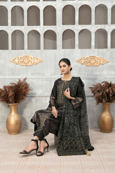 Tawakkal Fabrics 3 Piece Stitched Staple Linen Banarsi Gala Embroidered Suit D-7942