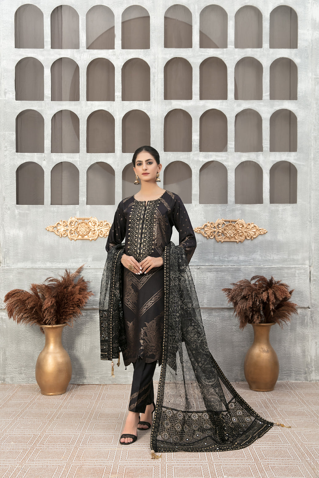 Tawakkal Fabrics 3 Piece Stitched Staple Linen Banarsi Gala Embroidered Suit D-7942