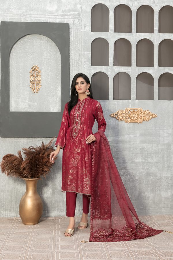 Tawakkal Fabrics 3 Piece Stitched Staple Linen Banarsi Gala Embroidered Suit D-7944