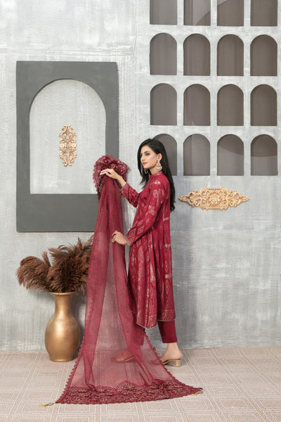 Tawakkal Fabrics 3 Piece Stitched Staple Linen Banarsi Gala Embroidered Suit D-7944