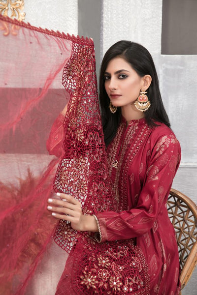 Tawakkal Fabrics 3 Piece Stitched Staple Linen Banarsi Gala Embroidered Suit D-7944