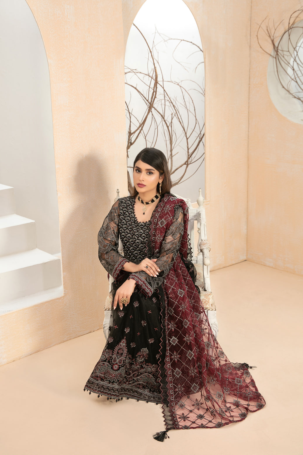 Tawakkal Fabrics 3 Piece Stitched Embroidered Net Suit D-8254