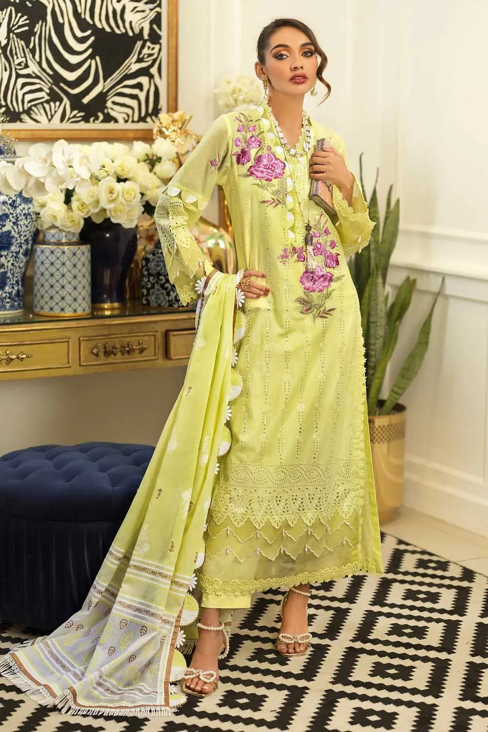 Gul Ahmed 3PC Unstitched Schiffli Embroidered Lawn Suit with Gold and Lacquer Printed Dupatta DN-22049
