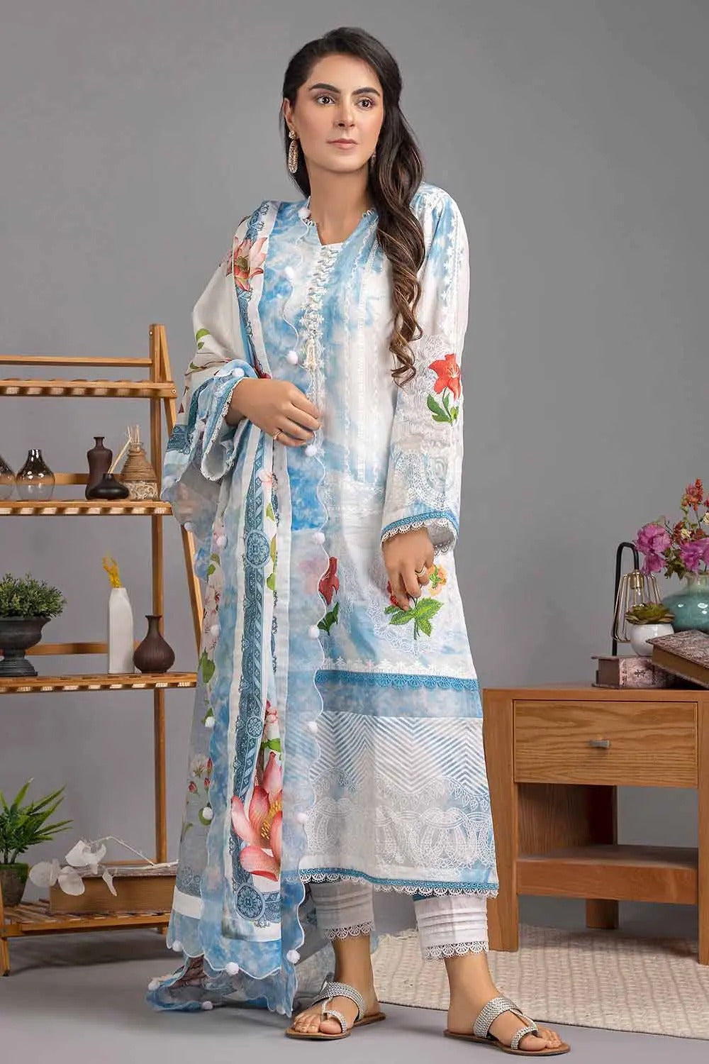 Gul Ahmed 3PC Unstitched Lawn Embroidered Suit with Printed Dupatta DN-22089