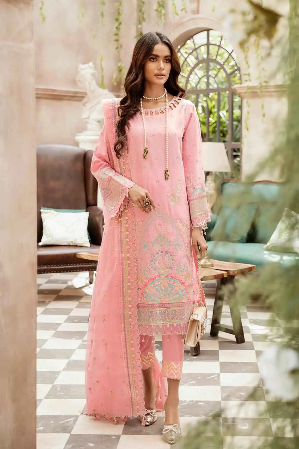 Gul Ahmed 3PC Unstitched Embroidered Yarn Dyed Suit with Cotton Net Dupatta FE-12051