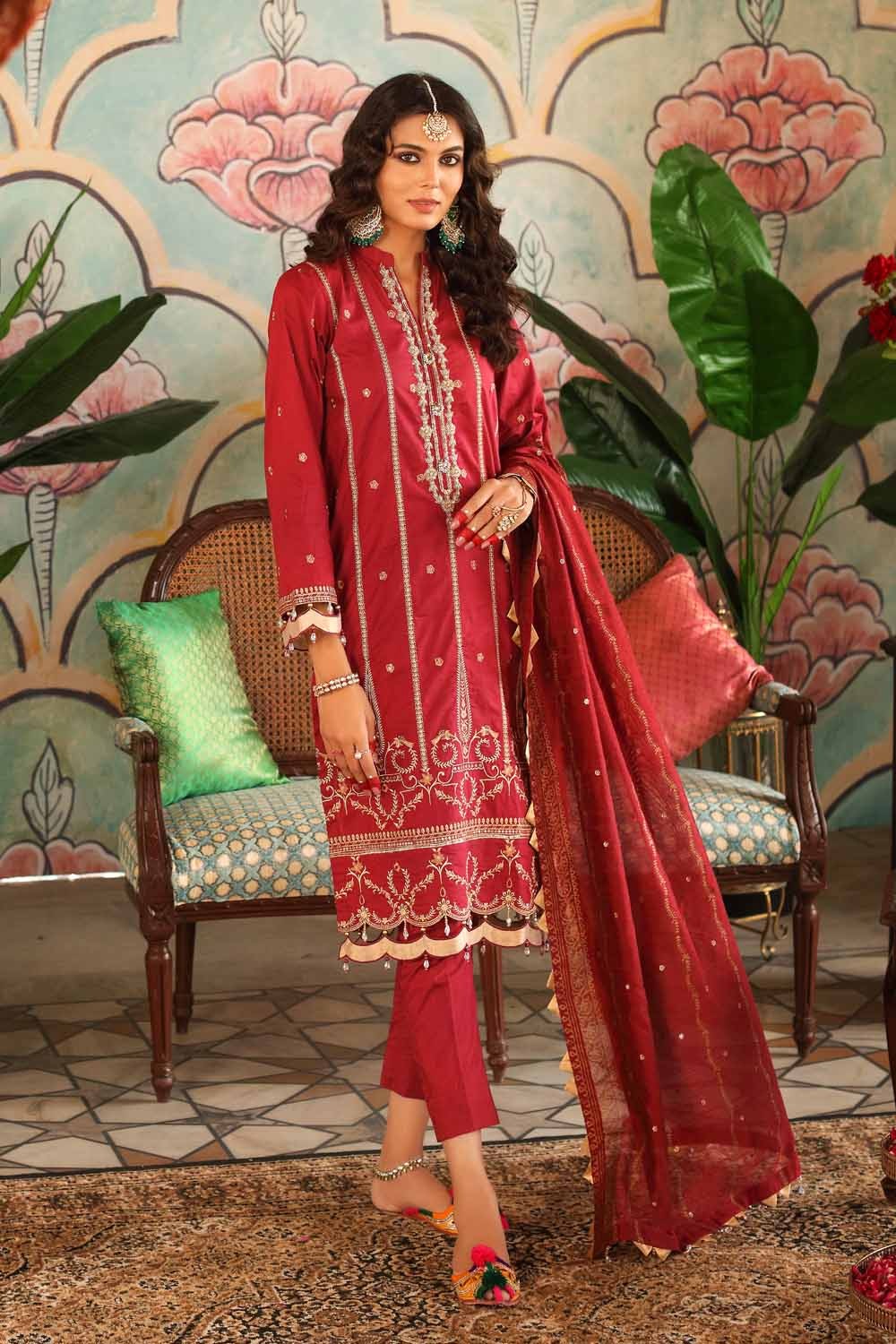 Gul Ahmed 3 PC Unstitched Embroidered Lawn Suit with Gold Printed Cotton Net Dupatta FE-12243