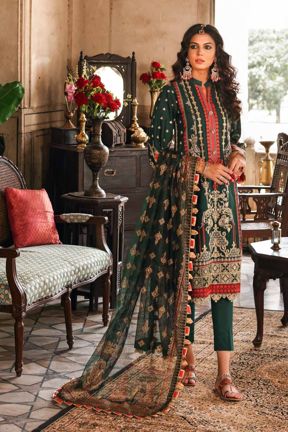 Gul Ahmed Ready To Wear 3 PC Embroidered Lawn Suit with Gold Printed Cotton Net Dupatta FE-12246