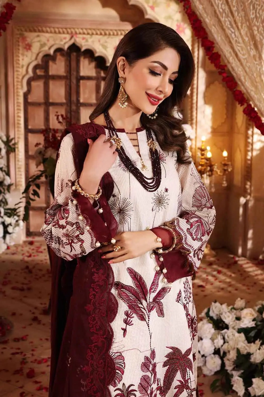 Gul Ahmed 3PC Unstitched Embroidered Luxury Cotton Suit with Glitter & Lacquer Printed Khaddi Net Dupatta FE-22008