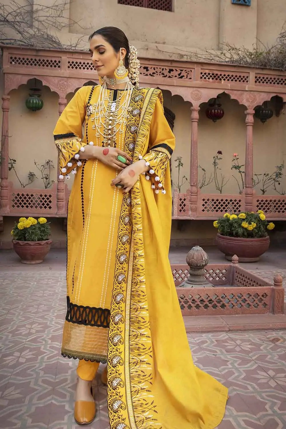Gul Ahmed 3PC Unstitched Embroidered Luxury Cotton Suit with Meshuri Dupatta FE-22010