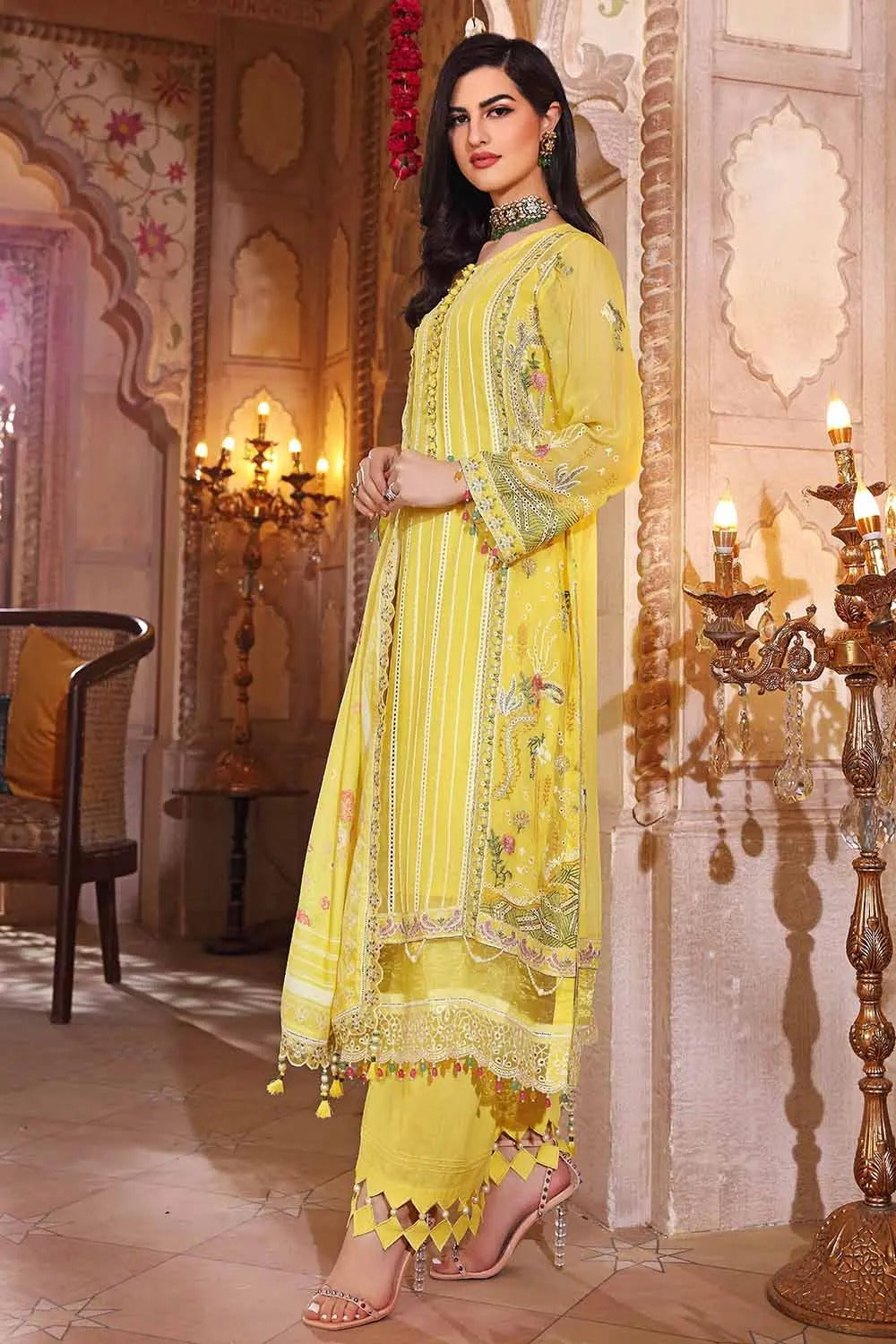 Gul Ahmed 3PC Unstitched Schiffli Chiffon Embroidered Suit with Striped Organza Dupatta FE-22052