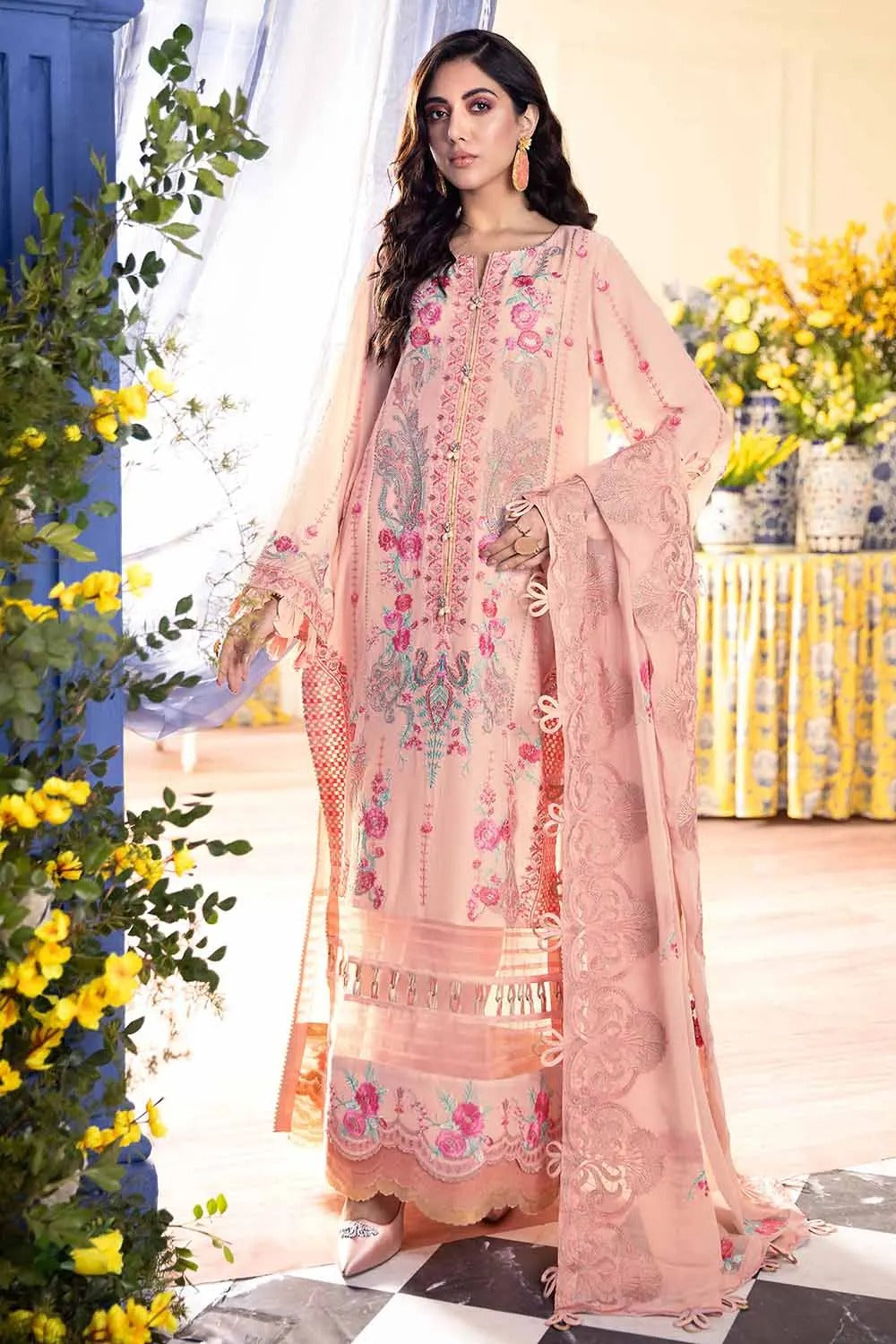 Gul Ahmed 3PC Unstitched Chiffon Embroidered Suit with Chiffon Dupatta FE-22076