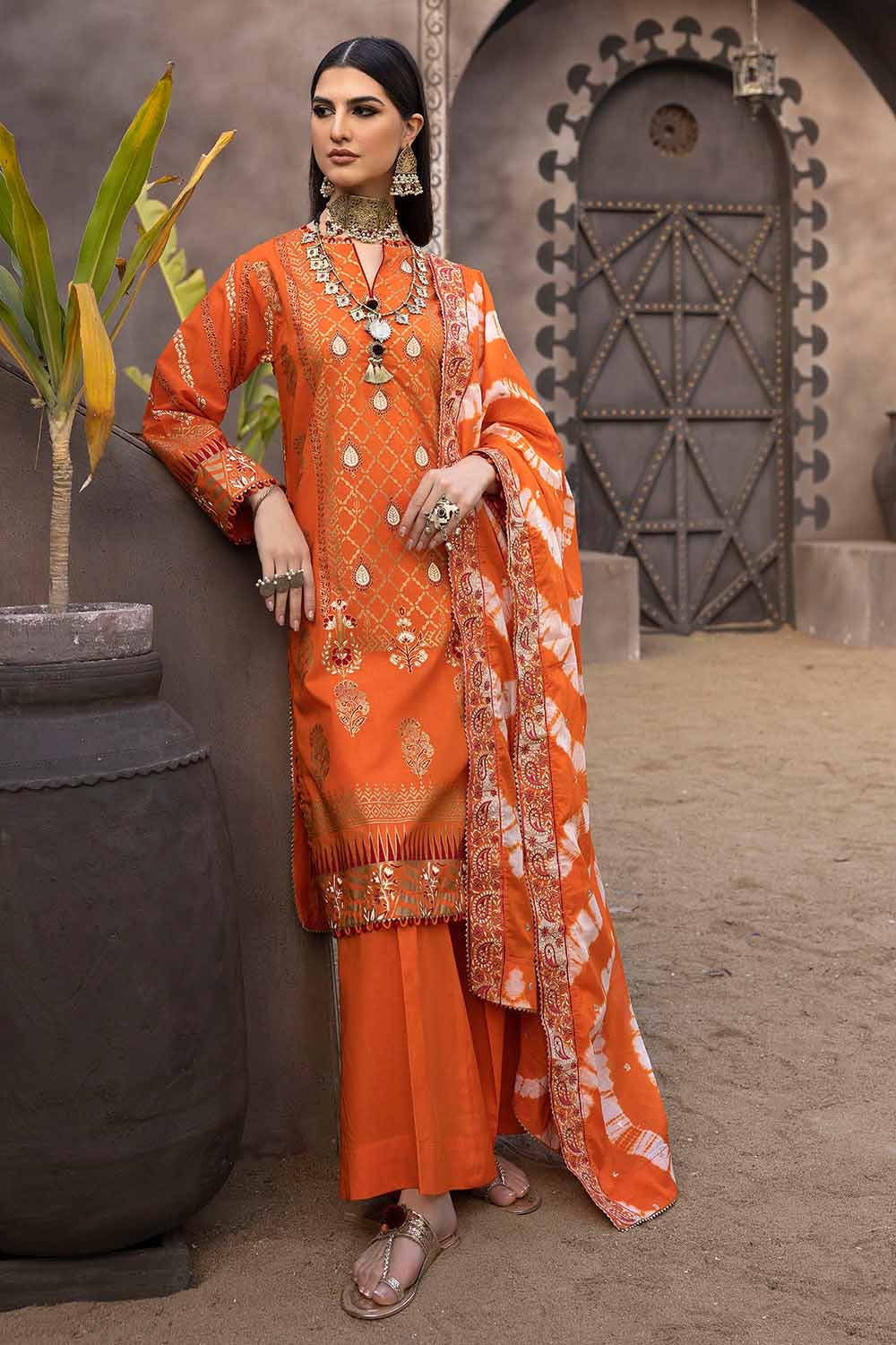 Gul Ahmed 3PC Lawn Gold Printed Unstitched Suit with Embroidered Zari and Sequins Dupatta FE-32057