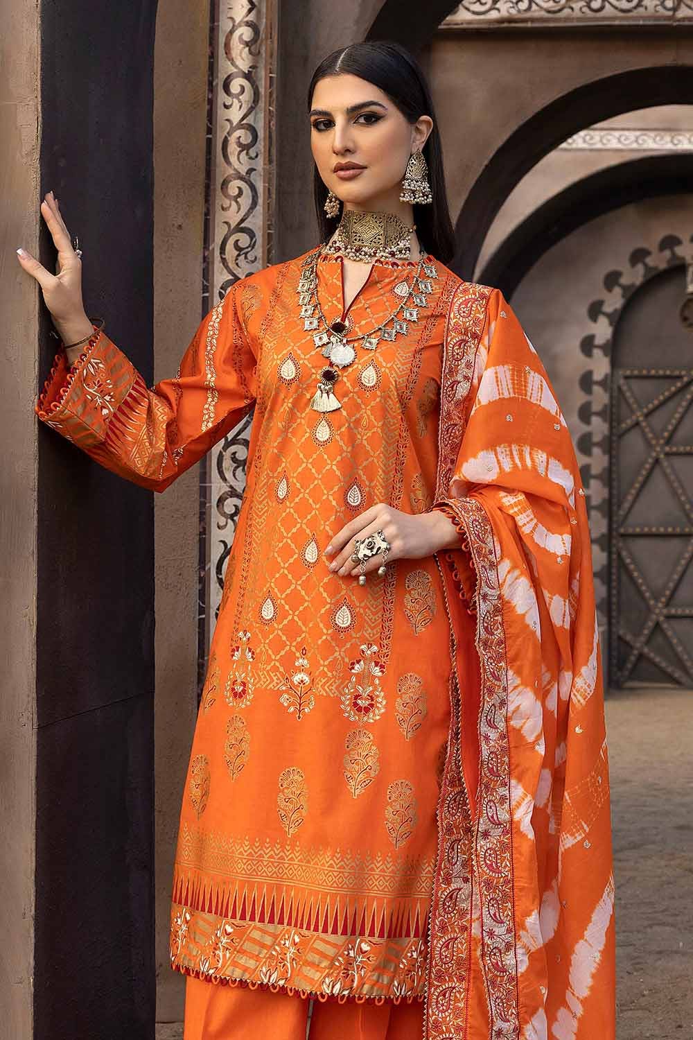 Gul Ahmed 3PC Lawn Gold Printed Unstitched Suit with Embroidered Zari and Sequins Dupatta FE-32057