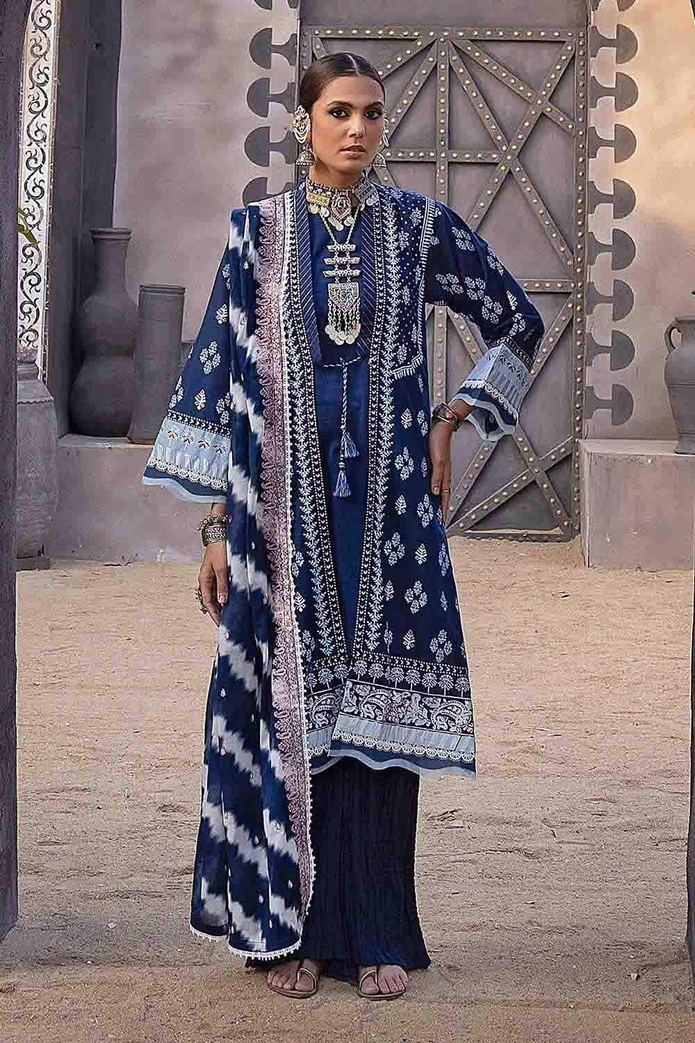 Gul Ahmed 3PC silver Printed Lawn Unstitched Suit with Embroidered zari Dupatta FE-32061