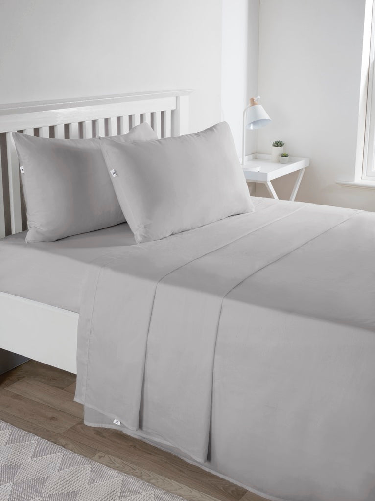 Vantona 50/50 Poly Cotton Plain Dyed Fitted, Flat Sheets and Pillowcase - Grey - Sold Separately