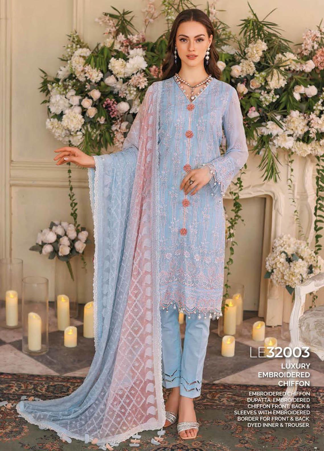 Gul Ahmed 3PC Embroidered Chiffon Unstitched Suit LE-32003
