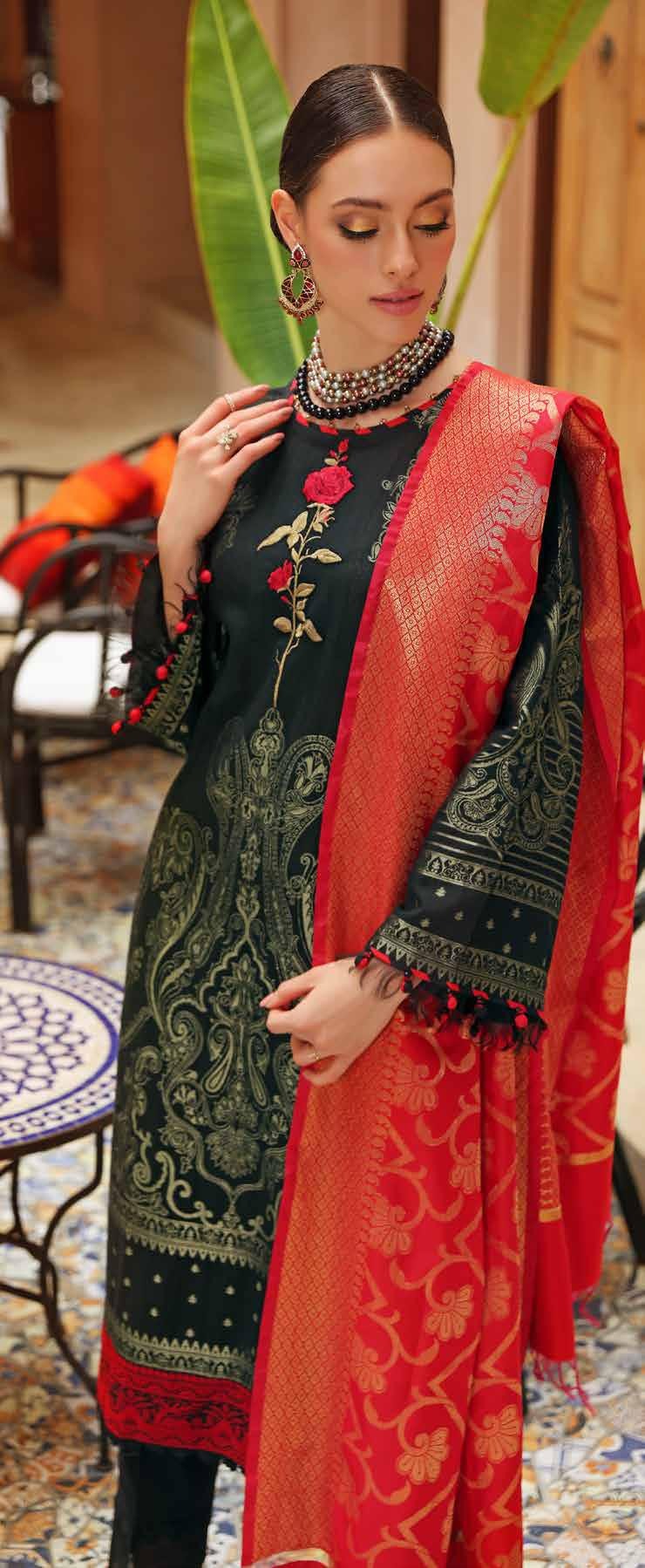 Gul Ahmed 3PC Unstitched Jacquard Dupatta. Jacquard Shirt with Embroidered Neckline & Jacquard Lace MJ-22009