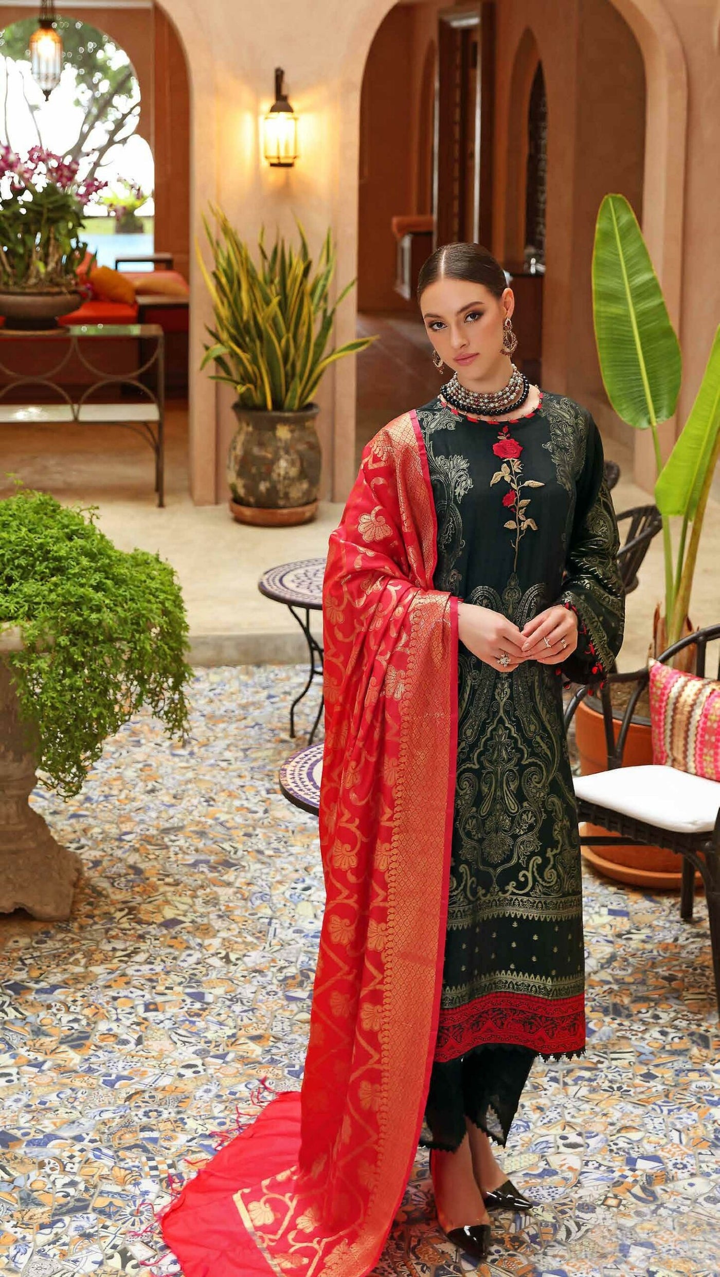 Gul Ahmed 3PC Unstitched Jacquard Dupatta. Jacquard Shirt with Embroidered Neckline & Jacquard Lace MJ-22009