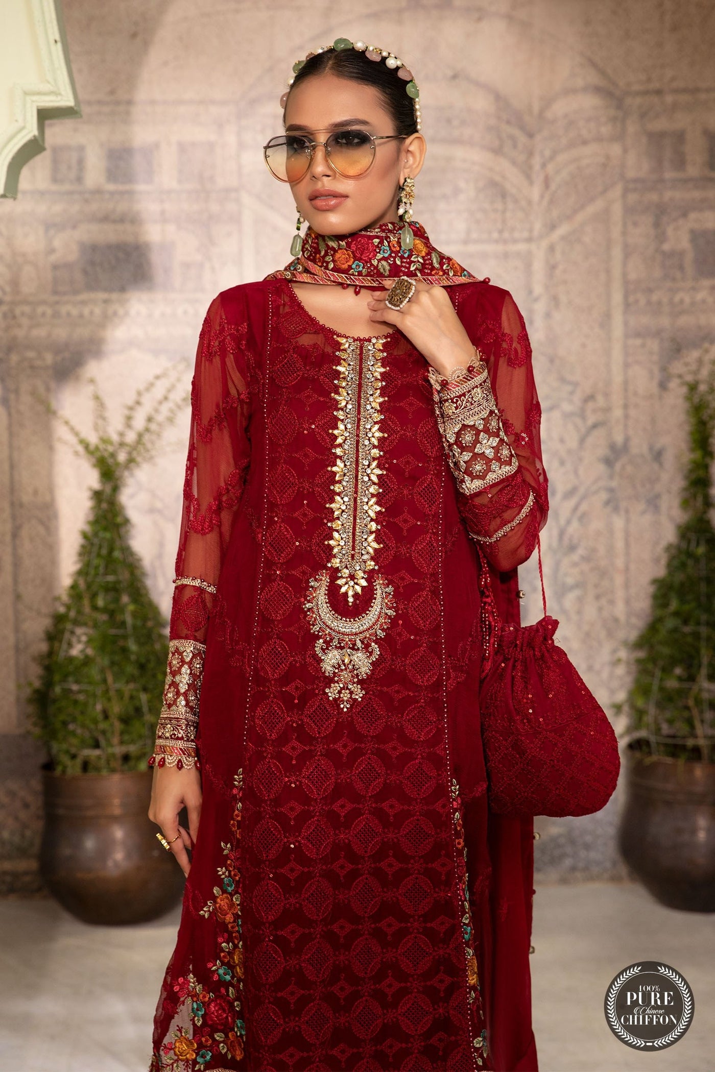 Maria. B 3 Piece Unstitched Embroidered Pure Chiffon Suit - MPC-22-201-Ruby Red