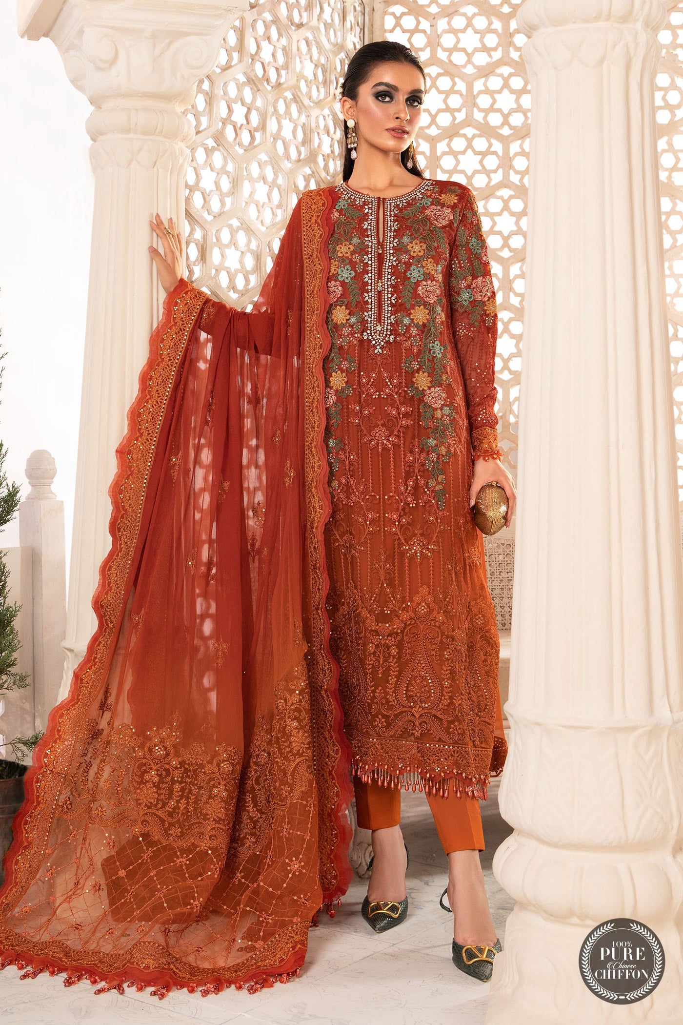 Maria. B 3 Piece Unstitched Embroidered Pure Chiffon Suit - MPC-22-205-Burnt Orange and Rust