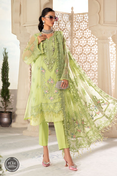 Maria. B 3 Piece Unstitched Embroidered Pure Chiffon Suit - MPC-22-207-Lime Green
