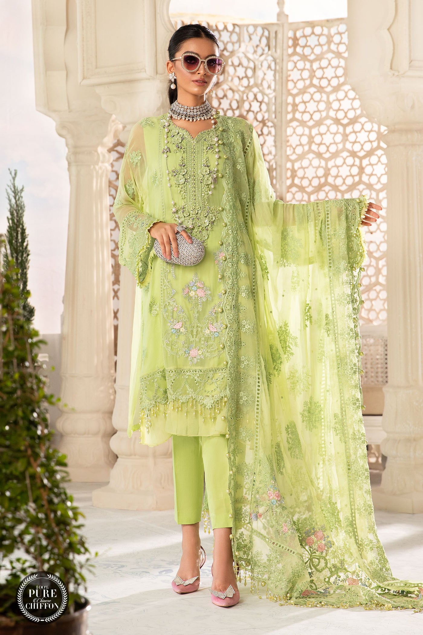 Maria. B 3 Piece Unstitched Embroidered Pure Chiffon Suit - MPC-22-207-Lime Green