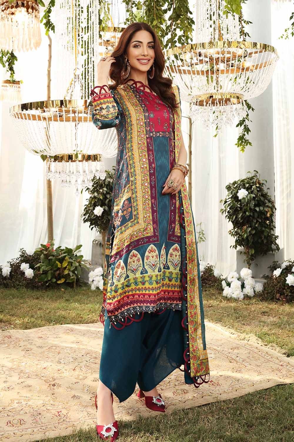 Gul Ahmed 3PC Unstitched Handwork Digital Printed Silk Suit with Lacquer Printed Dupatta PRW-12012