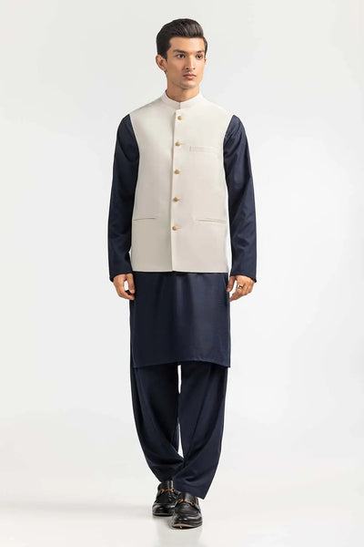 Gul Ahmed Ready to Wear Off White Stylized Waistcoat - WC-PD22-008